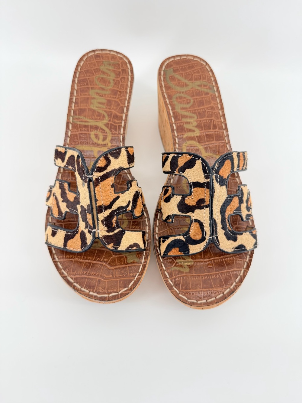 Sam Edelman Leopard Print Regis Slide Cork Wedges in Tan and Black